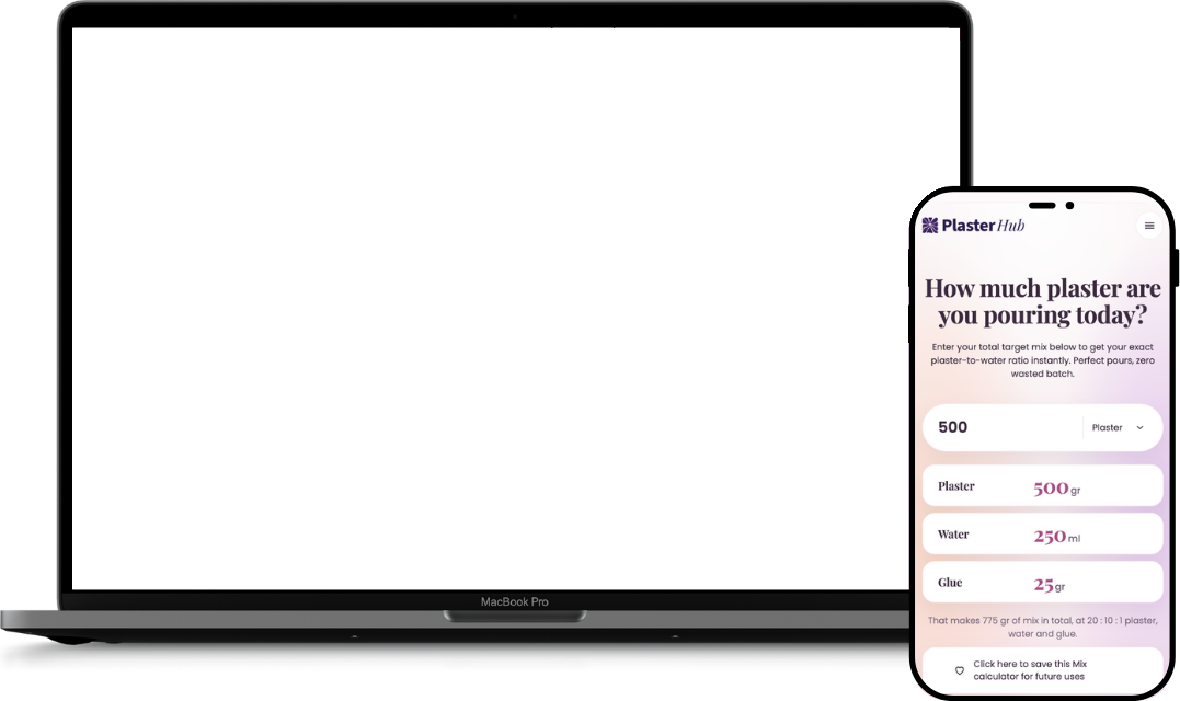 PlasterHub plaster calculator on a laptop and a phone, showing it works on desktop and mobile